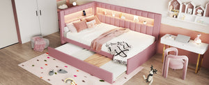 English Elm Upholstered Twin Trundle Bed with LED Lighting and USB Ports for Teen Bedrooms N7500001919H