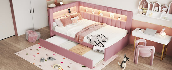 English Elm Upholstered Twin Trundle Bed with LED Lighting and USB Ports for Teen Bedrooms N7500001919H