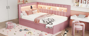 English Elm Upholstered Twin Trundle Bed with LED Lighting and USB Ports for Teen Bedrooms N7500001919H