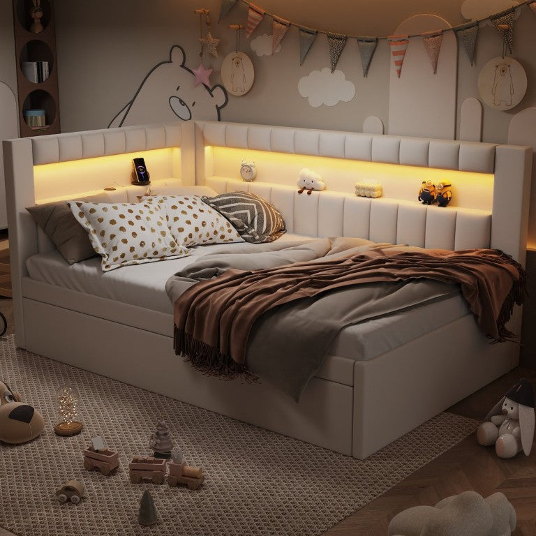 English Elm Upholstered Twin Linen Platform Bed with LED Base Lighting USB Ports and Trundle N7500001919K