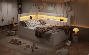 English Elm Upholstered Twin Linen Platform Bed with LED Base Lighting USB Ports and Trundle N7500001919K