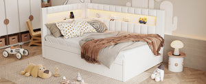 English Elm Upholstered Twin Linen Platform Bed with LED Base Lighting USB Ports and Trundle N7500001919K