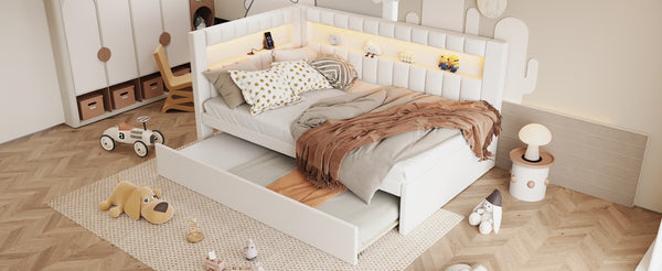 English Elm Upholstered Twin Linen Platform Bed with LED Base Lighting USB Ports and Trundle N7500001919K