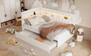 English Elm Upholstered Twin Linen Platform Bed with LED Base Lighting USB Ports and Trundle N7500001919K