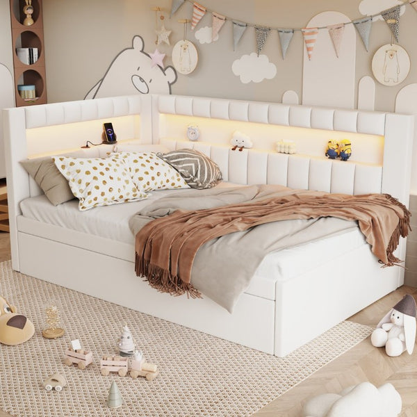 English Elm Upholstered Twin Linen Platform Bed with LED Base Lighting USB Ports and Trundle N7500001919K