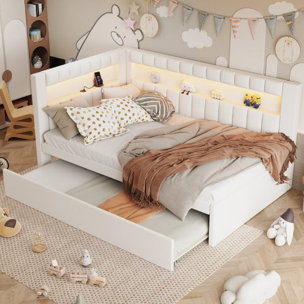 English Elm Upholstered Twin Linen Platform Bed with LED Base Lighting USB Ports and Trundle N7500001919K