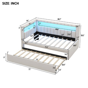 English Elm Upholstered Twin Linen Platform Bed with LED Base Lighting USB Ports and Trundle N7500001919K