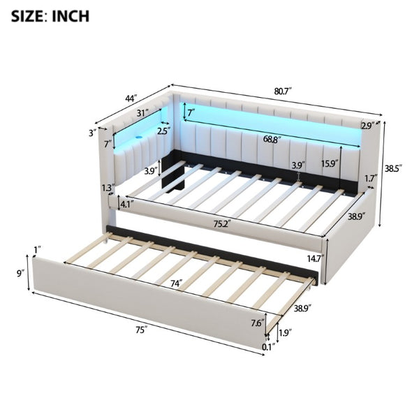 English Elm Upholstered Twin Linen Platform Bed with LED Base Lighting USB Ports and Trundle N7500001919K
