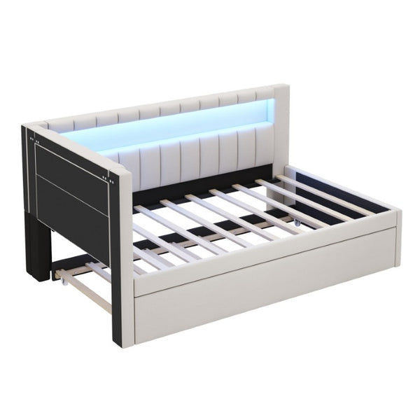 English Elm Upholstered Twin Linen Platform Bed with LED Base Lighting USB Ports and Trundle N7500001919K