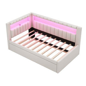 English Elm Upholstered Twin Linen Platform Bed with LED Base Lighting USB Ports and Trundle N7500001919K