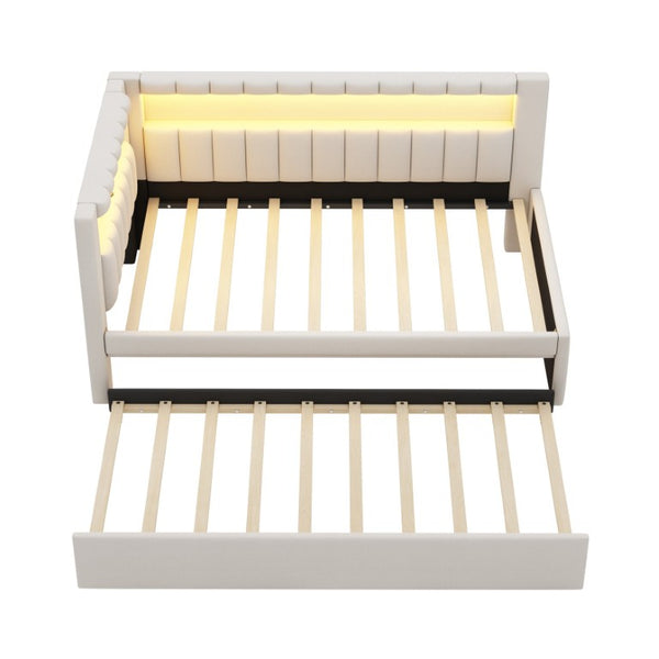English Elm Upholstered Twin Linen Platform Bed with LED Base Lighting USB Ports and Trundle N7500001919K
