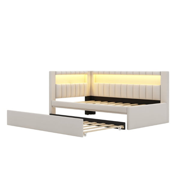English Elm Upholstered Twin Linen Platform Bed with LED Base Lighting USB Ports and Trundle N7500001919K