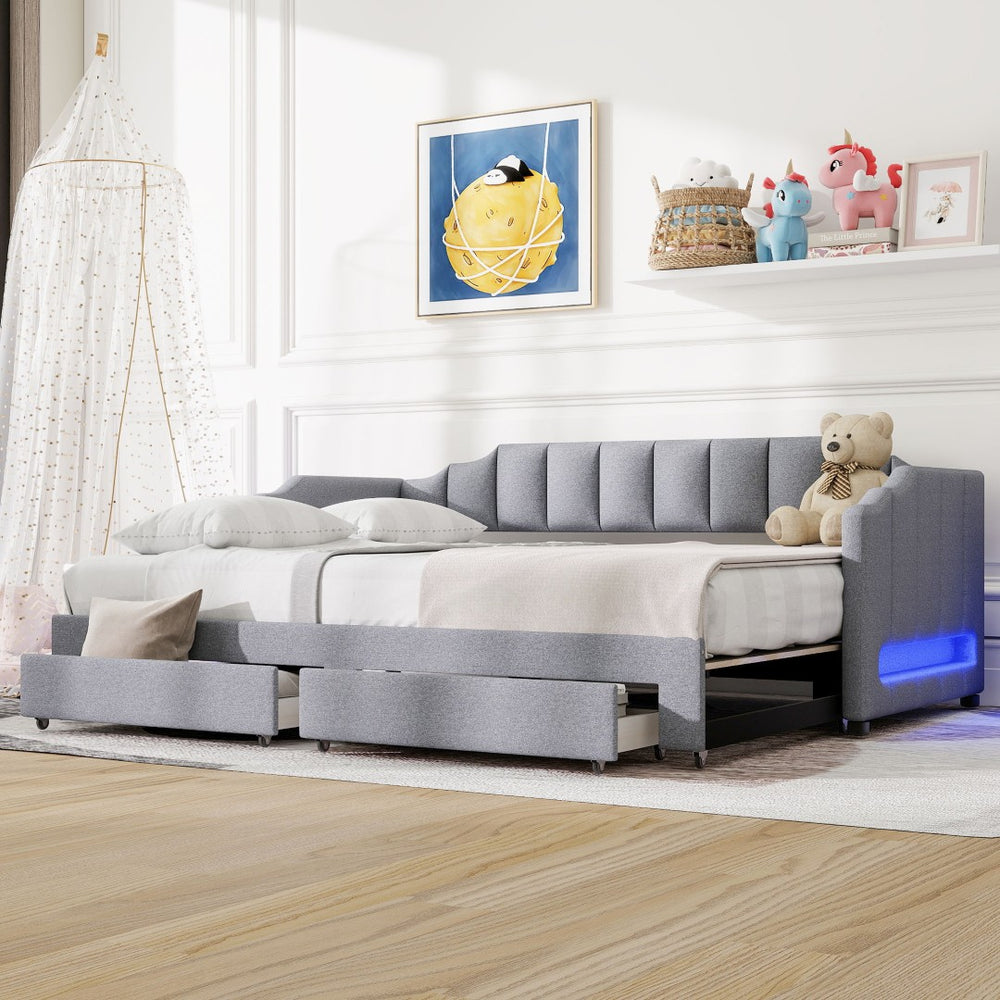 English Elm Twin Xl Expandable Linen Daybed with Led Armrests and Under Bed Storage Drawers N7500002061D