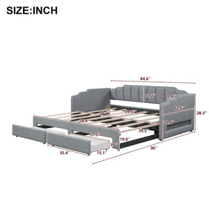 English Elm Twin Xl Expandable Linen Daybed with Led Armrests and Under Bed Storage Drawers N7500002061D