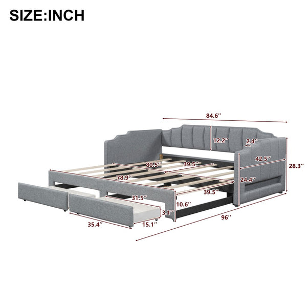 English Elm Twin Xl Expandable Linen Daybed with Led Armrests and Under Bed Storage Drawers N7500002061D