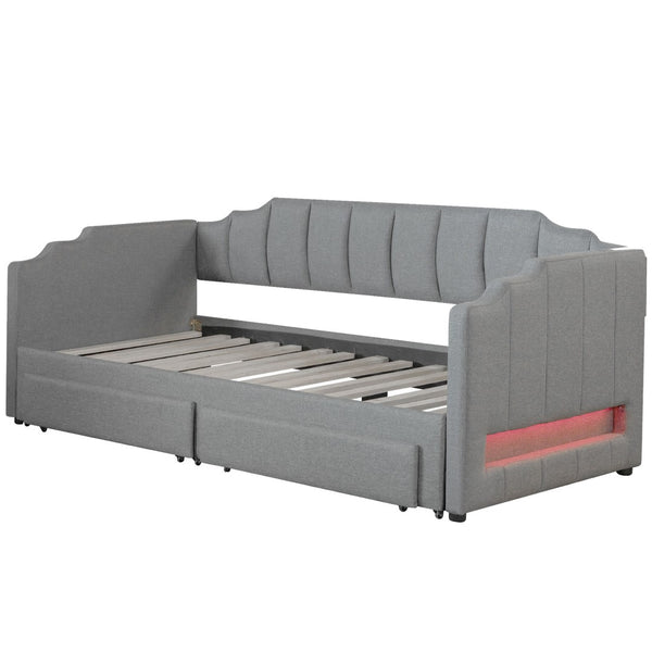 English Elm Twin Xl Expandable Linen Daybed with Led Armrests and Under Bed Storage Drawers N7500002061D