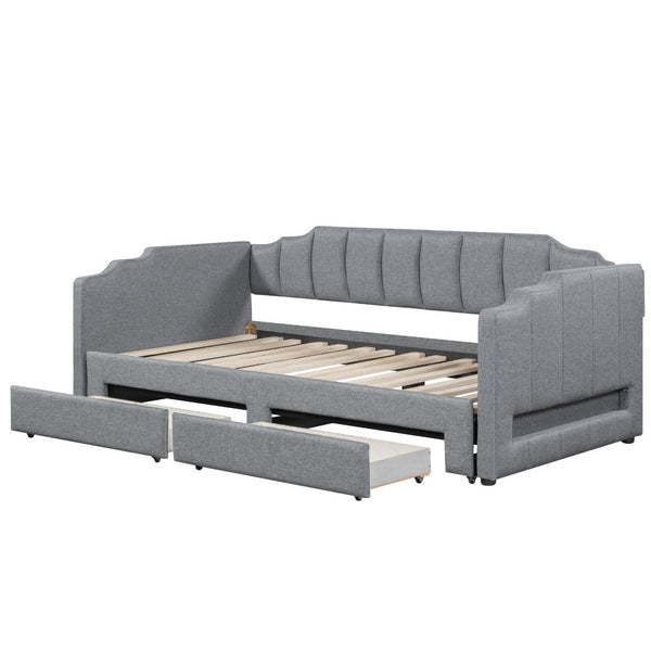 English Elm Twin Xl Expandable Linen Daybed with Led Armrests and Under Bed Storage Drawers N7500002061D