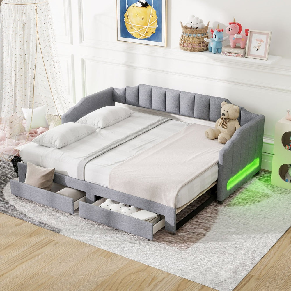 English Elm Twin Xl Expandable Linen Daybed with Led Armrests and Under Bed Storage Drawers N7500002061D