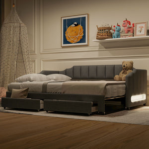 English Elm Twin Xl Expandable Linen Daybed with Led Armrests and Under Bed Storage Drawers N7500002061D
