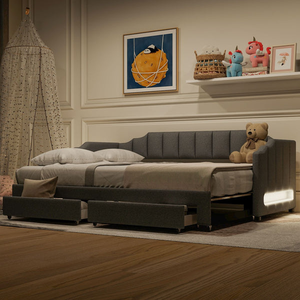 English Elm Twin Xl Expandable Linen Daybed with Led Armrests and Under Bed Storage Drawers N7500002061D