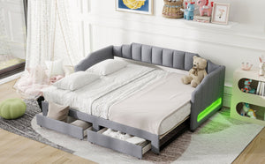 English Elm Twin Xl Expandable Linen Daybed with Led Armrests and Under Bed Storage Drawers N7500002061D