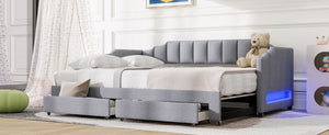 English Elm Twin Xl Expandable Linen Daybed with Led Armrests and Under Bed Storage Drawers N7500002061D