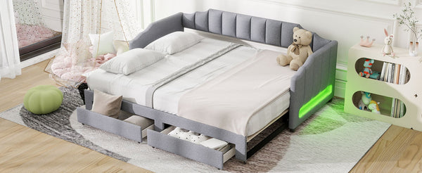 English Elm Twin Xl Expandable Linen Daybed with Led Armrests and Under Bed Storage Drawers N7500002061D