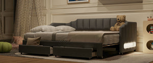 English Elm Twin Xl Expandable Linen Daybed with Led Armrests and Under Bed Storage Drawers N7500002061D