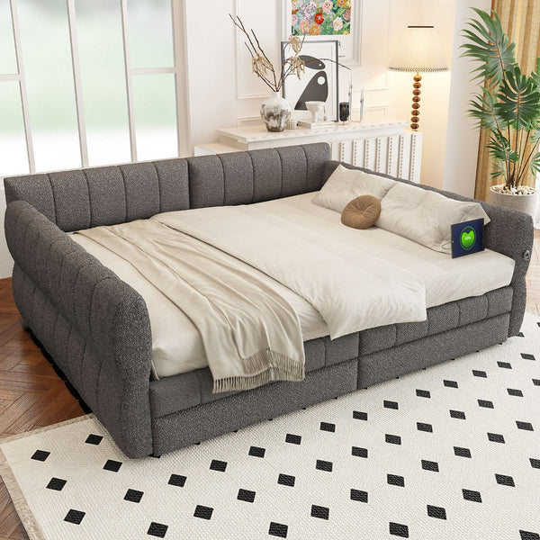 English Elm King Lambswool Upholstered Platform Bed with Usb Charging and Under Bed Storage Gray N7500002239E