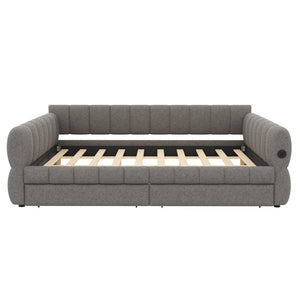 English Elm King Lambswool Upholstered Platform Bed with Usb Charging and Under Bed Storage Gray N7500002239E