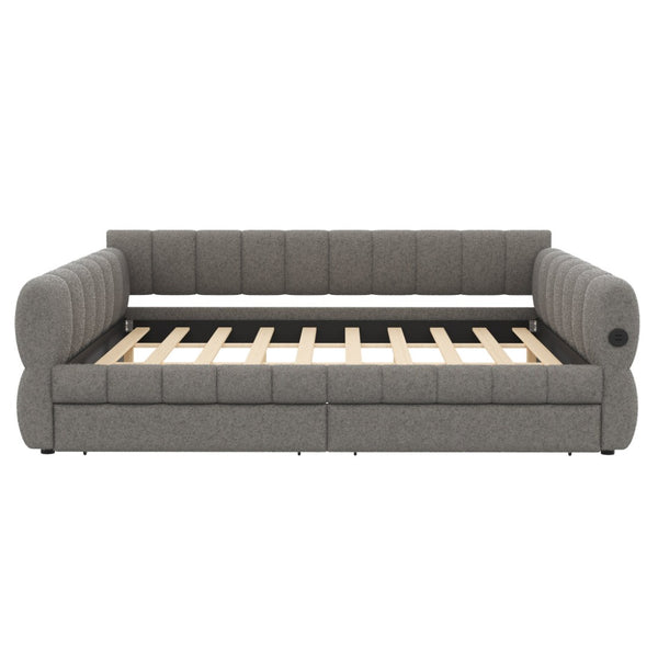 English Elm King Lambswool Upholstered Platform Bed with Usb Charging and Under Bed Storage Gray N7500002239E