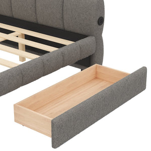 English Elm King Lambswool Upholstered Platform Bed with Usb Charging and Under Bed Storage Gray N7500002239E