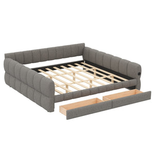English Elm King Lambswool Upholstered Platform Bed with Usb Charging and Under Bed Storage Gray N7500002239E