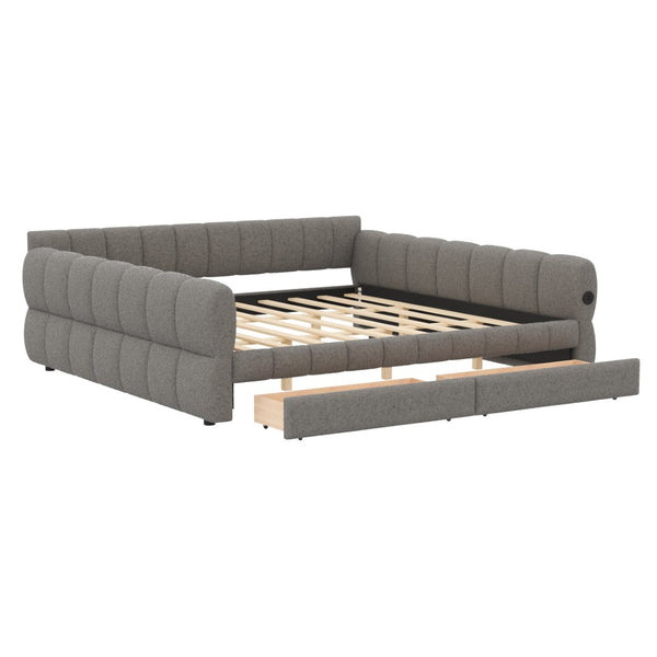 English Elm King Lambswool Upholstered Platform Bed with Usb Charging and Under Bed Storage Gray N7500002239E