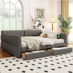 English Elm King Lambswool Upholstered Platform Bed with Usb Charging and Under Bed Storage Gray N7500002239E