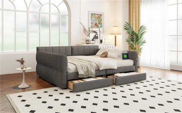 English Elm King Lambswool Upholstered Platform Bed with Usb Charging and Under Bed Storage Gray N7500002239E