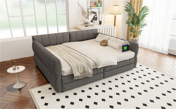 English Elm King Lambswool Upholstered Platform Bed with Usb Charging and Under Bed Storage Gray N7500002239E