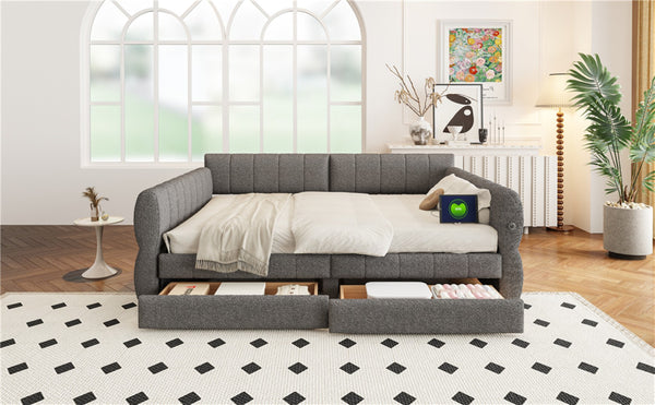 English Elm King Lambswool Upholstered Platform Bed with Usb Charging and Under Bed Storage Gray N7500002239E