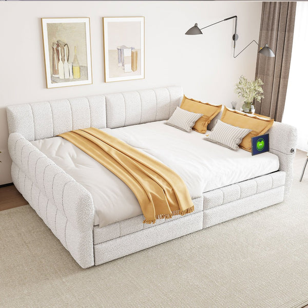 English Elm King Lambswool Upholstered Platform Bed with Usb Charging and Under Bed Storage White N7500002239K