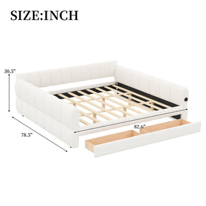 English Elm King Lambswool Upholstered Platform Bed with Usb Charging and Under Bed Storage White N7500002239K