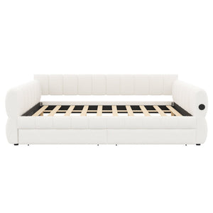 English Elm King Lambswool Upholstered Platform Bed with Usb Charging and Under Bed Storage White N7500002239K