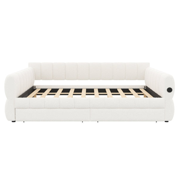 English Elm King Lambswool Upholstered Platform Bed with Usb Charging and Under Bed Storage White N7500002239K