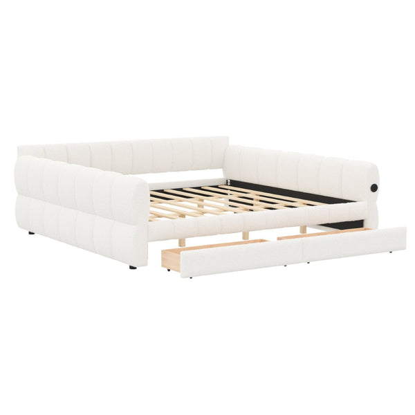 English Elm King Lambswool Upholstered Platform Bed with Usb Charging and Under Bed Storage White N7500002239K