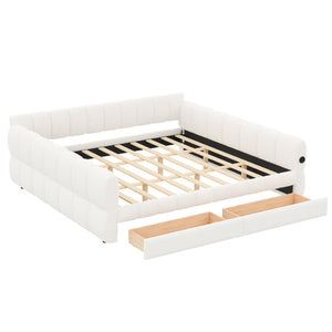 English Elm King Lambswool Upholstered Platform Bed with Usb Charging and Under Bed Storage White N7500002239K