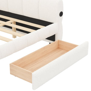 English Elm King Lambswool Upholstered Platform Bed with Usb Charging and Under Bed Storage White N7500002239K