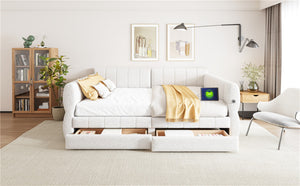 English Elm King Lambswool Upholstered Platform Bed with Usb Charging and Under Bed Storage White N7500002239K