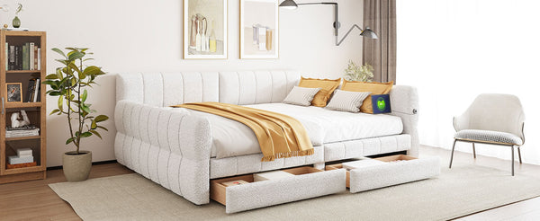 English Elm King Lambswool Upholstered Platform Bed with Usb Charging and Under Bed Storage White N7500002239K