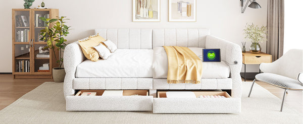 English Elm King Lambswool Upholstered Platform Bed with Usb Charging and Under Bed Storage White N7500002239K