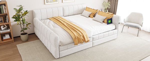English Elm King Lambswool Upholstered Platform Bed with Usb Charging and Under Bed Storage White N7500002239K
