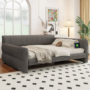 English Elm King Lambswool Upholstered Platform Bed with Usb Charging and Low-profile Frame Gray N7500002245E
